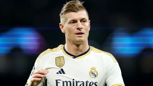 Toni Kroos of Real Madrid reacts during the UEFA Champions League match between Real Madrid and SSC Napoli at Estadio Santiago Bernabeu on November 29, 2023 in Madrid, Spain.