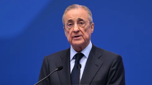 Florentino Perez Rodriguez, President of Real Madrid speaks as Real Madrid new signing, Kylian Mbappe is unveiled at Estadio Santiago Bernabeu on July 16, 2024 in Madrid, Spain.