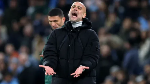 Pep Guardiola, Manager of Manchester City, reacts during the UEFA Champions League 2024/25 League Phase MD5 match between Manchester City and Feyenoord at City of Manchester Stadium on November 26, 2024 in Manchester, England.