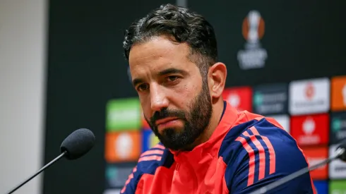 Manchester United Head Coach Ruben Amorim during the Manchester United FC press conference, PK, Pressekonferenz ahead of the FC Viktoria Plzeň v Manchester United UEFA Europa League match at the Doosan Arena, Pilsen, Czech Republic on 11 December 2024.
