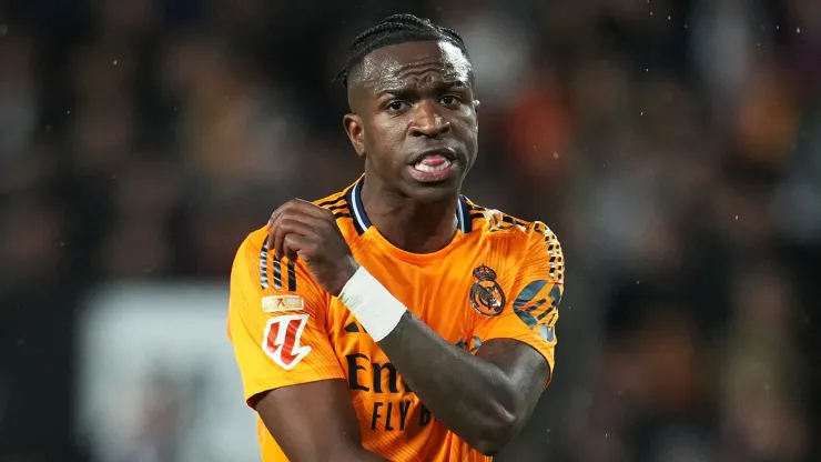 Vinicius Junior of Real Madrid reacts during the LaLiga match between Valencia CF and Real Madrid CF at Estadio Mestalla on January 03, 2025 in Valencia, Spain.