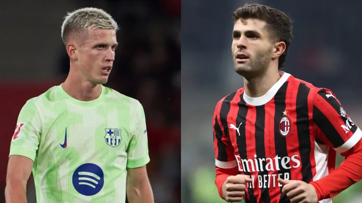 Dani Olmo of FC Barcelona and Christian Pulisic of AC Milan.