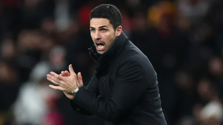 Mikel Arteta, Manager of Arsenal, reacts during the Carabao Cup Semi Final First Leg match between Arsenal and Newcastle United at Emirates Stadium on January 07, 2025 in London, England.