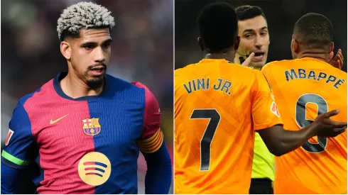 Ronald Araujo (left), Vinicius and Kylian Mbappe (right)