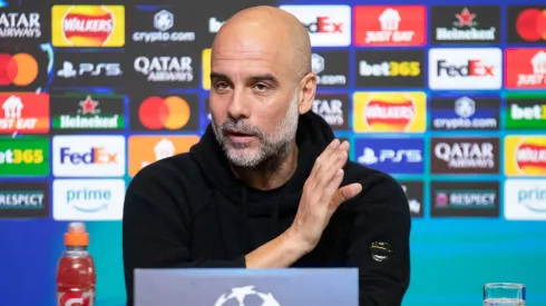 Manchester City F.C. manager Pep Guardiola speaks during a press conference at Manchester City s training ground at the Joie Stadium in Manchester, England, on February 9, 2025, ahead of their UEFA Champions League football match against Real Madrid.