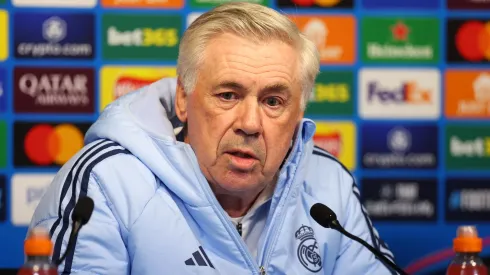 Carlo Ancelotti, Manager of Real Madrid speaks to the media during a press conference during the UEFA Champions League 2024/25 League Knockout Play-off first Leg Training And Press Conference at Manchester City Stadium on February 10, 2025 in Manchester, England.