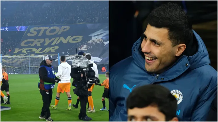 Manchester City fans (left) and Rodri (right)