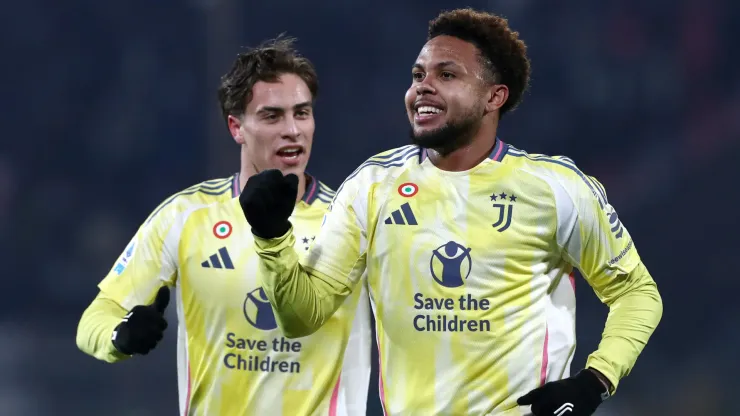 Weston McKennie of Juventus celebrates with teammate Kenan Yildiz.