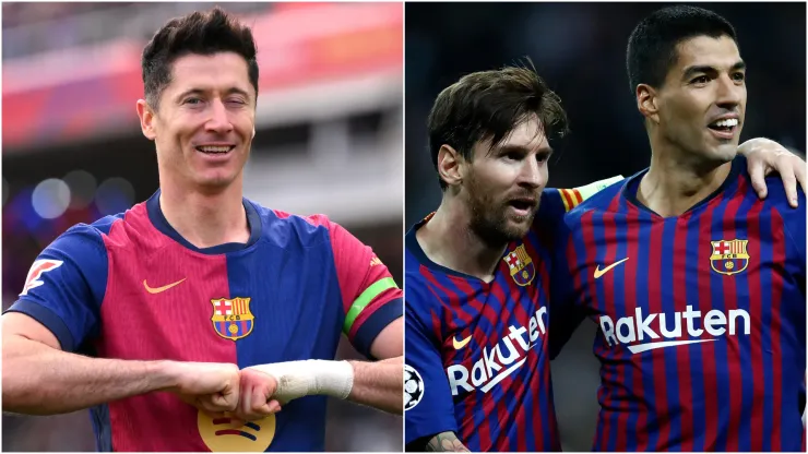 Robert Lewandowski (left) and Lionel Messi, Luis Suarez (right)