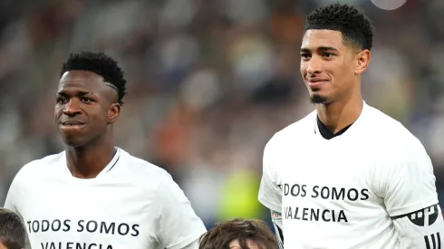 Vinicius Junior and Jude Bellingham of Real Madrid in match between Real Madrid C.F. and AC Milan at Estadio Santiago Bernabeu on November 05, 2024 in Madrid, Spain.