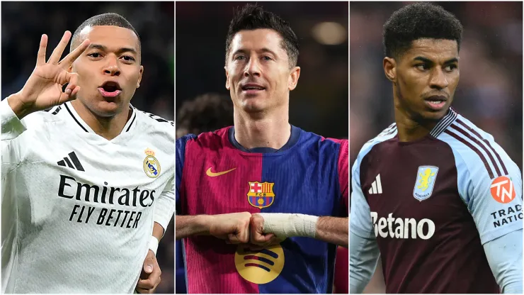 Kylian Mbappe (left), Robert Lewandowski (center), and Marcus Rashford (right)