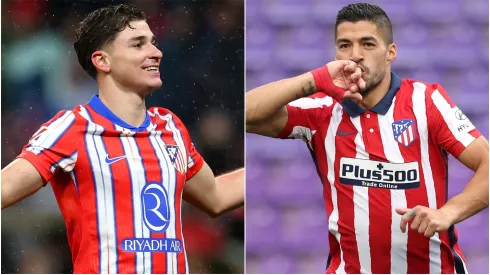 Julian Alvarez (L) and Luis Suarez of Atletico de Madrid celebrating.