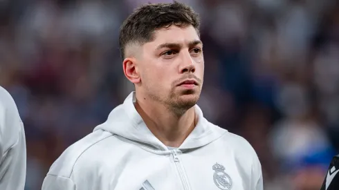 Federico Valverde of Real Madrid CF seen during the performance of the official anthem before the UEFA Champions League 2024 25 League Knockout Play-off second leg match between Real Madrid C.F. and Manchester City at Estadio Santiago Bernabeu on February 19, 2025 in Madrid, Spain.