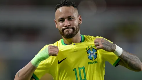 Neymar Jr. of Brazil celebrates after scoring the fifth goal of his team during a FIFA World Cup 2026 Qualifier match between Brazil and Bolivia at Mangueirao on September 08, 2023 in Belem, Brazil.