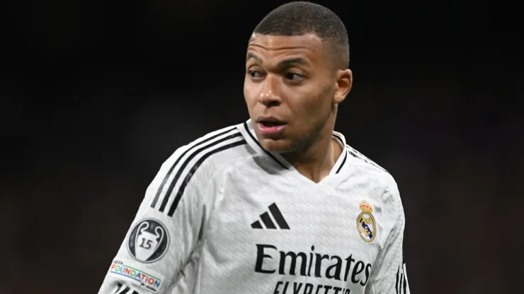 Kylian Mbappe of Real Madrid looks on during the UEFA Champions League 2024/25 UEFA Champions League 2024/25 Round of 16 first leg match between Real Madrid C.F. and Atletico de Madrid at on March 04, 2025 in Madrid, Spain.