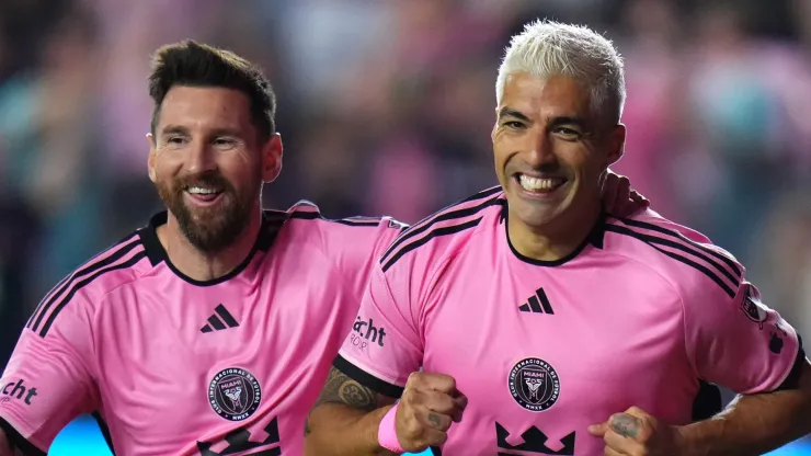Luis Suárez #9 of Inter Miami celebrates a goal with Lionel Messi #10 during the first half against the Atlanta United during round one of the 2024 MLS Playoffs at Chase Stadium on October 25, 2024 in Fort Lauderdale, Florida.