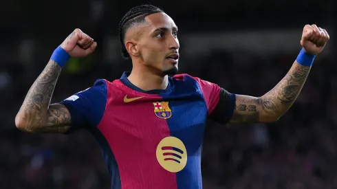 Raphinha of FC Barcelona celebrates their team's second goal during the UEFA Champions League 2024/25 UEFA Champions League 2024/25 Round of 16 Second Leg match between FC Barcelona and SL Benfica at on March 11, 2025 in Barcelona, Spain.