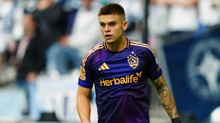 Gabriel Pec of LA Galaxy reacts during a MLS game.