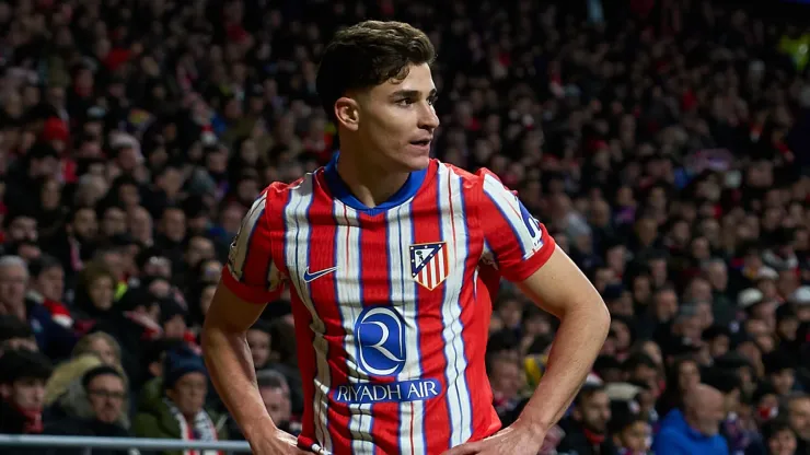 Julián Álvarez of Atletico de Madrid looks on during the UEFA Champions League 2024/25 UEFA Champions League 2024/25 Round of 16 second leg match between Atletico de Madrid and Real Madrid C.F. at Riyadh Air Metropolitano on March 12, 2025 in Madrid, Spain.