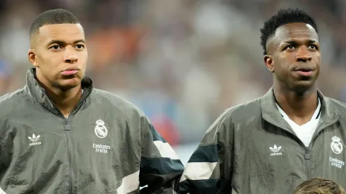 Kylian Mbappe centre-forward of Real Madrid and France and Vinicius Junior left winger of Real Madrid and Brazil prior the UEFA Champions League 2024 25 League Phase MD3 match between Real Madrid C.F. and Borussiaat Estadio Santiago Bernabeu on October 22, 2024 in Madrid, Spain.