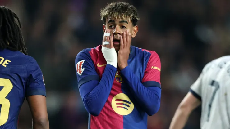 Lamine Yamal of FC Barcelona reacts following a missed chance during the La Liga EA Sports match between FC Barcelona and CA Osasuna at Estadi Olimpic Lluis Companys on March 27, 2025 in Barcelona, Spain