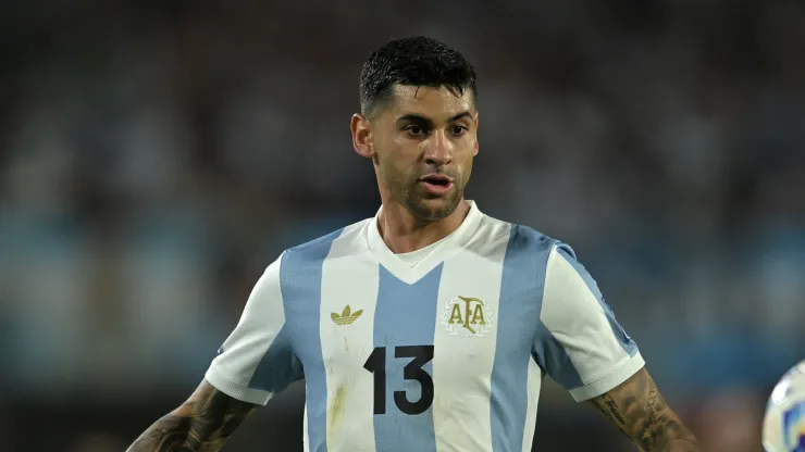 Cristian Romero of Argentina looks at the ball during the South of American FIFA World Cup 2026 Qualifier between Argentina and Brazil at Estadio Más Monumental Antonio Vespucio Liberti on March 25, 2025 in Buenos Aires, Argentina.