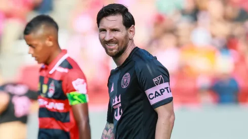 Lionel Messi of Inter Miami gestures during a friendly game between Sporting San Miguelito and Inter Miami at Rommel Fernandez Stadium on February 02, 2025 in Panama, Ciudad de Panama.
