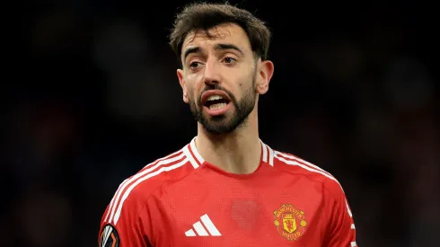 Bruno Fernandes of Manchester United during the UEFA Europa League 2024/25 Round of 16 Second Leg match between Manchester United and Real Sociedad de Futbol at Old Trafford on March 13, 2025 in Manchester, England.