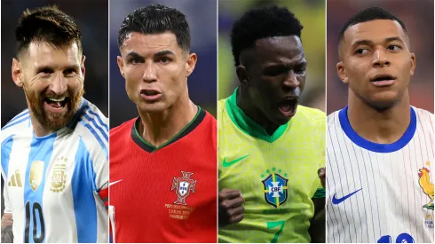 Lionel Messi (left), Cristiano Ronaldo and Vinicius (center), Kylian Mbappe (right)