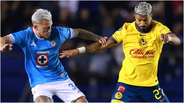 Gonzalo Piovi of Cruz Azul battles for possession with Rodrigo Aguirre of America