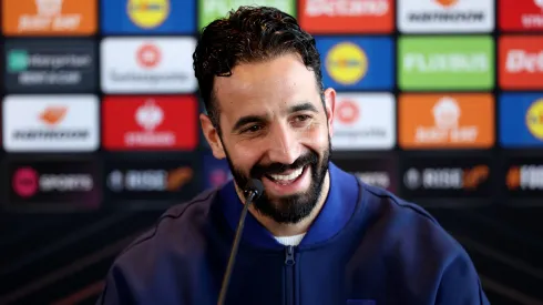Ruben Amorim, Manager of Manchester United, looks on as he speaks to the media during the UEFA Europa League 2024/25 Round of 16 press conference at Carrington Training Ground on March 12, 2025 in Manchester, England.