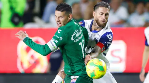 James Rodriguez (L) of Leon fights for the ball against Sergio Ramos (R) of Monterrey during the 17th round match between Leon and Monterrey as part of the Torneo Clausura 2025 Liga MX at Leon Stadium on April 20, 2025 in Leon, Mexico.