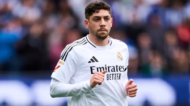 Federico Valverde of Real Madrid looks on during the LaLiga match between Deportivo Alaves and Real Madrid CF at Estadio de Mendizorroza on April 13, 2025 in Vitoria-Gasteiz, Spain.