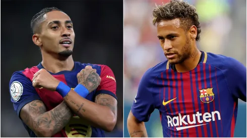 Raphinha (L) and Neymar (R) #11 of FC Barcelona.