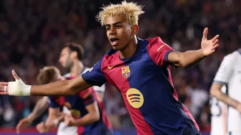 Lamine Yamal of FC Barcelona celebrates scoring his team's first goal during the UEFA Champions League 2024/25 Semi Final First Leg match between FC Barcelona and FC Internazionale Milano at Estadi Olimpic Lluis Companys on April 30, 2025 in Barcelona, Spain.