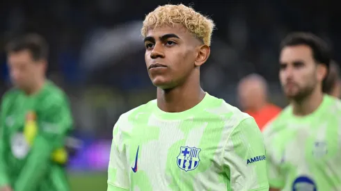Lamine Yamal of FC Barcelona looks on prior to the UEFA Champions League 2024/25 Semi Final Second Leg match between FC Internazionale Milano and FC Barcelona at Giuseppe Meazza Stadium on May 06, 2025 in Milan, Italy.