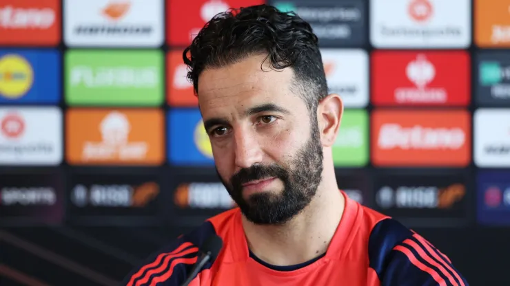 Ruben Amorim, Manager of Manchester United, looks on during a press conference ahead of the UEFA Europa League 2024/25 semi final second leg match between Manchester United and Athletic Club at Carrington Training Ground on May 07, 2025 in Manchester, England.