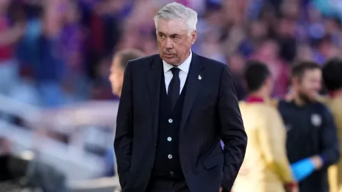 Carlo Ancelotti, Head Coach of Real Madrid, looks on during the LaLiga match between FC Barcelona and Real Madrid CF at Estadi Olimpic Lluis Companys on May 11, 2025 in Barcelona, Spain.