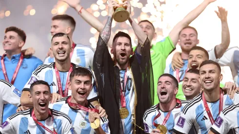 Lionel Messi of Argentina lifts the FIFA World Cup Qatar 2022 Winner's Trophy during the FIFA World Cup Qatar 2022 Final match between Argentina and France at Lusail Stadium on December 18, 2022 in Lusail City, Qatar.
