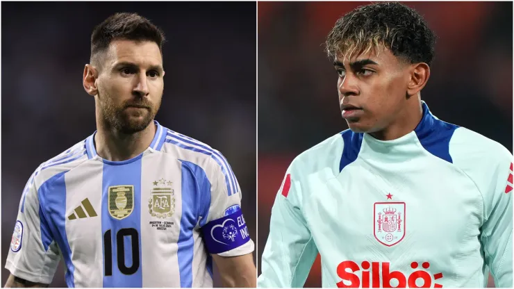 Lionel Messi (L) of Argentina and Lamine Yamal (R) #19 of Spain.