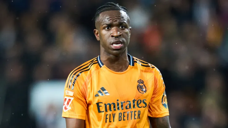 Vinicius Junior of Real Madrid reacts during the LaLiga match between Valencia CF and Real Madrid CF at Estadio Mestalla on January 03, 2025 in Valencia, Spain.