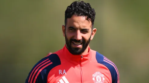 Ruben Amorim, Manager of Manchester United, looks on during a Manchester Untied training session ahead of the UEFA Europa League Final 2025 between Tottenham Hotspur and Manchester United at Carrington Training Ground on May 20, 2025 in Manchester, England.