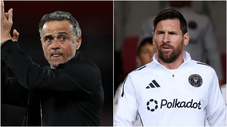 Luis Enrique (L) , Head Coach of Paris Saint-Germain, and Lionel Messi (R), #10 of Inter Miami CF.