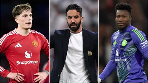 Alejandro Garnacho (L), Ruben Amorim (M), and Andre Onana (R) of Manchester United.