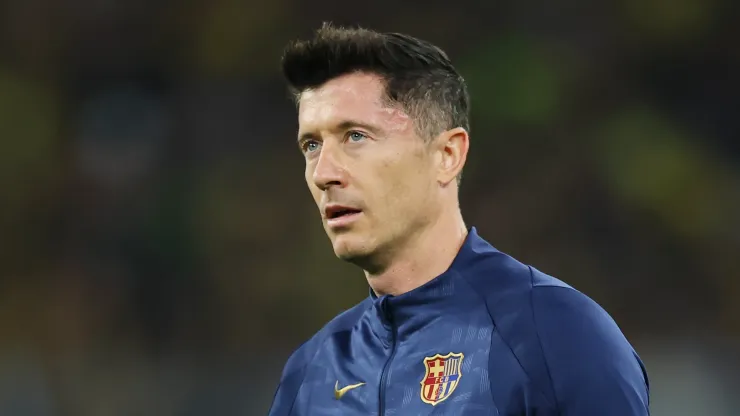 Robert Lewandowski of FC Barcelona looks on during the warm up prior to the UEFA Champions League 2024/25 Quarter Final Second Leg match between Borussia Dortmund and FC Barcelona at BVB Stadion Dortmund on April 15, 2025 in Dortmund, Germany.