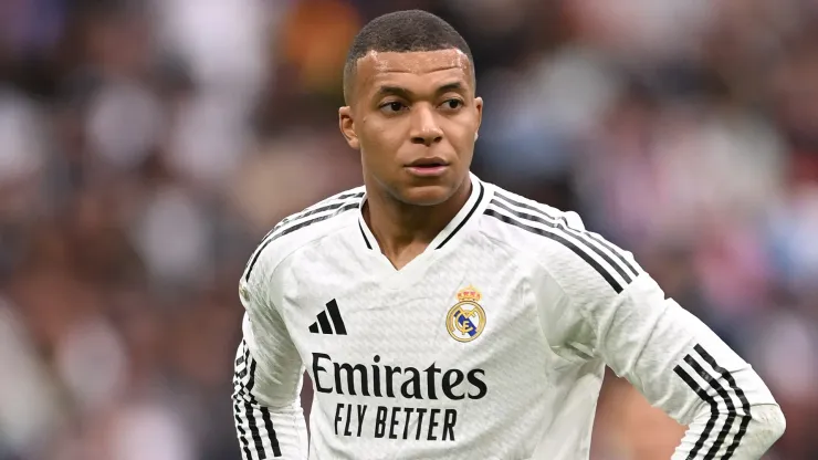 Kylian Mbappe of Real Madrid looks on during the LaLiga match between Real Madrid CF and RC Celta de Vigo at Estadio Santiago Bernabeu on May 04, 2025 in Madrid, Spain.