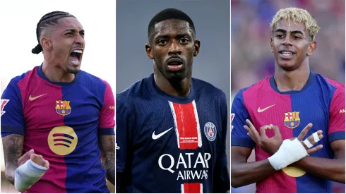 Raphinha (L) and Lamine Yamal (R) of FC Barcelona, and Ousmane Dembele (M) of Paris Saint-Germain.