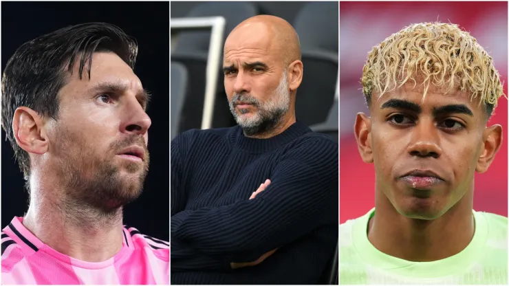 Lionel Messi (L) #10 of Inter Miami CF, Pep Guardiola (M) of Manchester City, and Lamine Yamal (R) of FC Barcelona.
