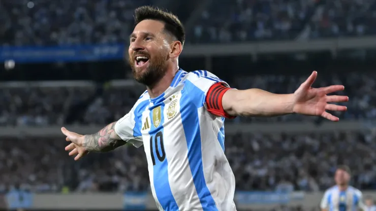Lionel Messi of Argentina celebrates after scoring the team's first goal during the FIFA World Cup 2026 South American Qualifier match between Argentina and Bolivia at Estadio Más Monumental Antonio Vespucio Liberti on October 15, 2024 in Buenos Aires, Argentina.