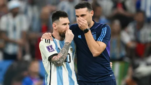 Lionel Scaloni, Head Coach of Argentina, celebrates with Lionel Messi after the win in the penalty shootout during the FIFA World Cup Qatar 2022 quarter final match between Netherlands and Argentina at Lusail Stadium on December 09, 2022 in Lusail City, Qatar.
